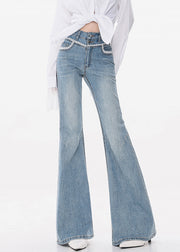 Slim Fit Blue Lace High Waist Denim Flared Trousers Fall