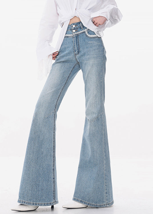Slim Fit Blue Lace High Waist Denim Flared Trousers Fall