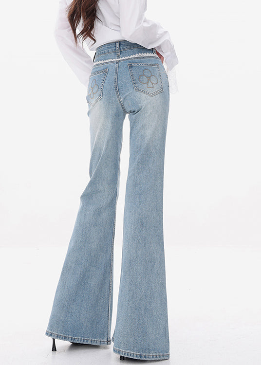 Slim Fit Blue Lace High Waist Denim Flared Trousers Fall