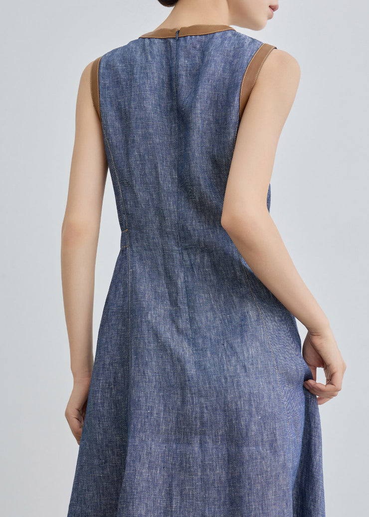 Slim Fit Blue O Neck Pockets Patchwork Denim Long Dress Sleeveless