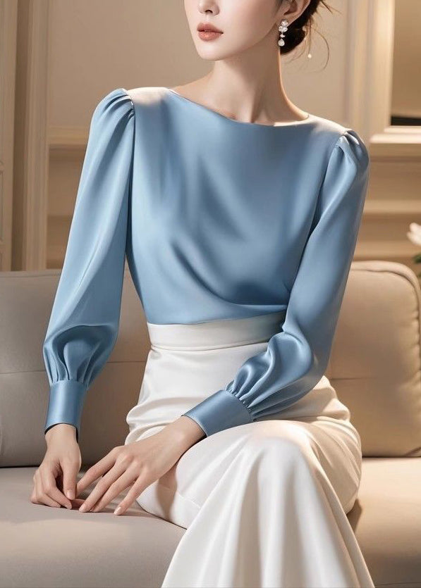Slim Fit Blue Original Design Solid Silk Shirt Fall