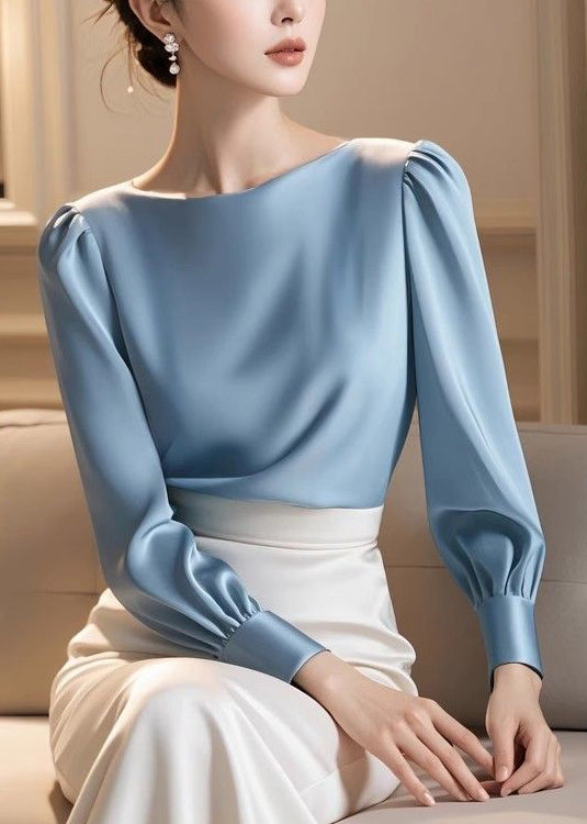 Slim Fit Blue Original Design Solid Silk Shirt Fall