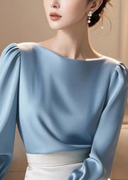 Slim Fit Blue Original Design Solid Silk Shirt Fall