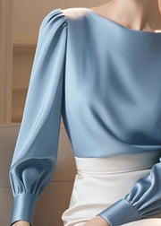 Slim Fit Blue Original Design Solid Silk Shirt Fall