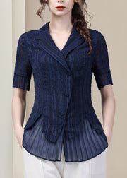 Slim Fit Blue Peter Pan Collar Button Chiffon Shirt Summer
