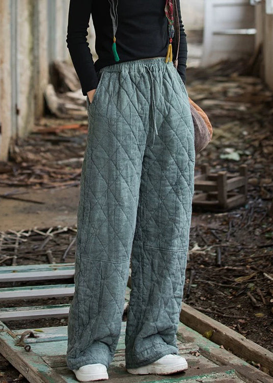 Slim Fit Blue Pockets Elastic Waist Cotton Filled Pants Winter