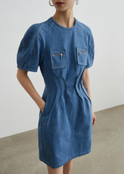 Slim Fit Blue Pockets High Waist Denim Mid Dress Summer