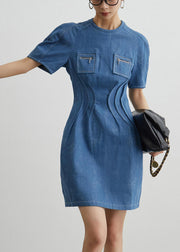 Slim Fit Blue Pockets High Waist Denim Mid Dress Summer