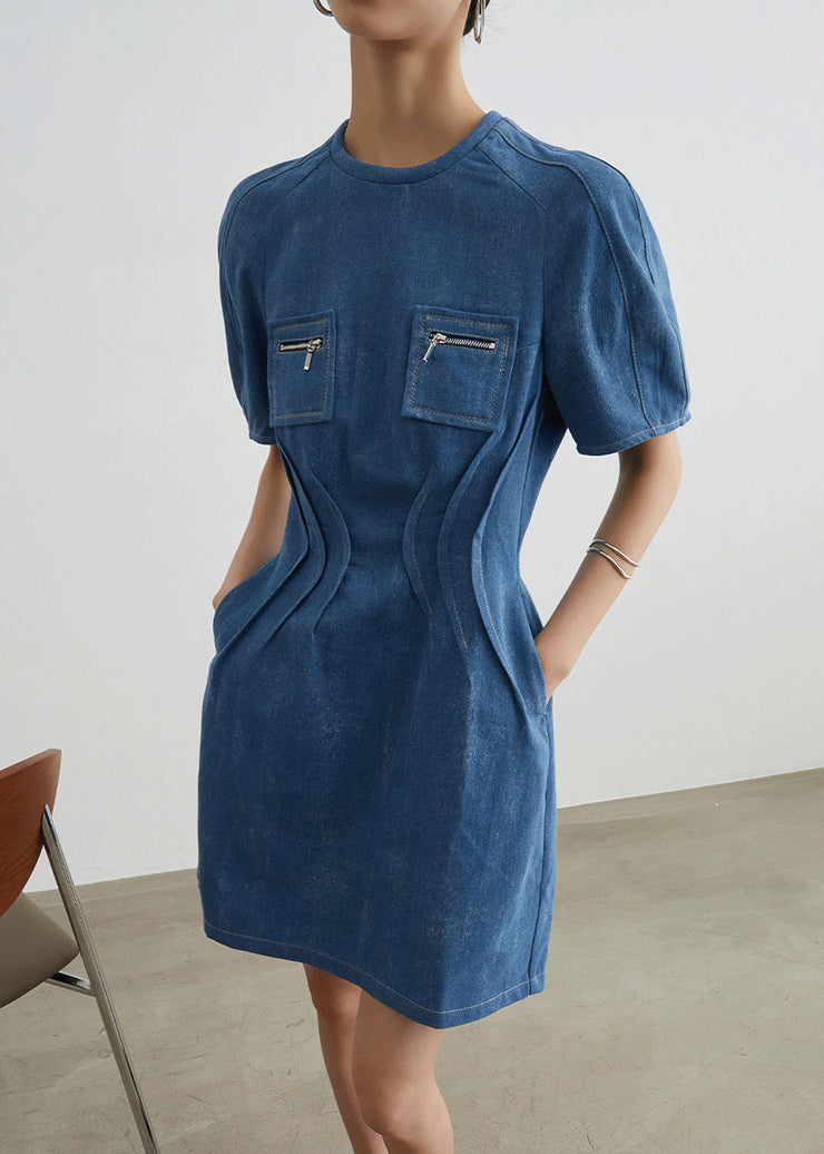 Slim Fit Blue Pockets High Waist Denim Mid Dress Summer