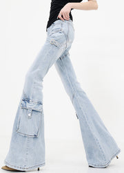 Slim Fit Blue Pockets Patchwork Denim Flared Trousers Fall