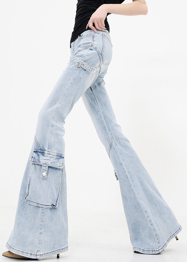 Slim Fit Blue Pockets Patchwork Denim Flared Trousers Fall