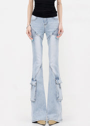 Slim Fit Blue Pockets Patchwork Denim Flared Trousers Fall