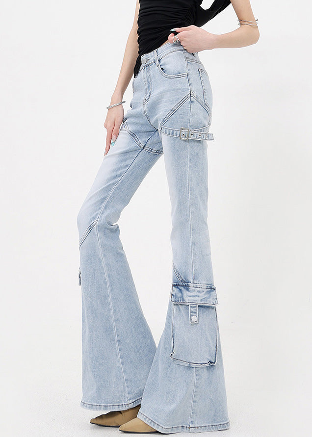 Slim Fit Blue Pockets Patchwork Denim Flared Trousers Fall