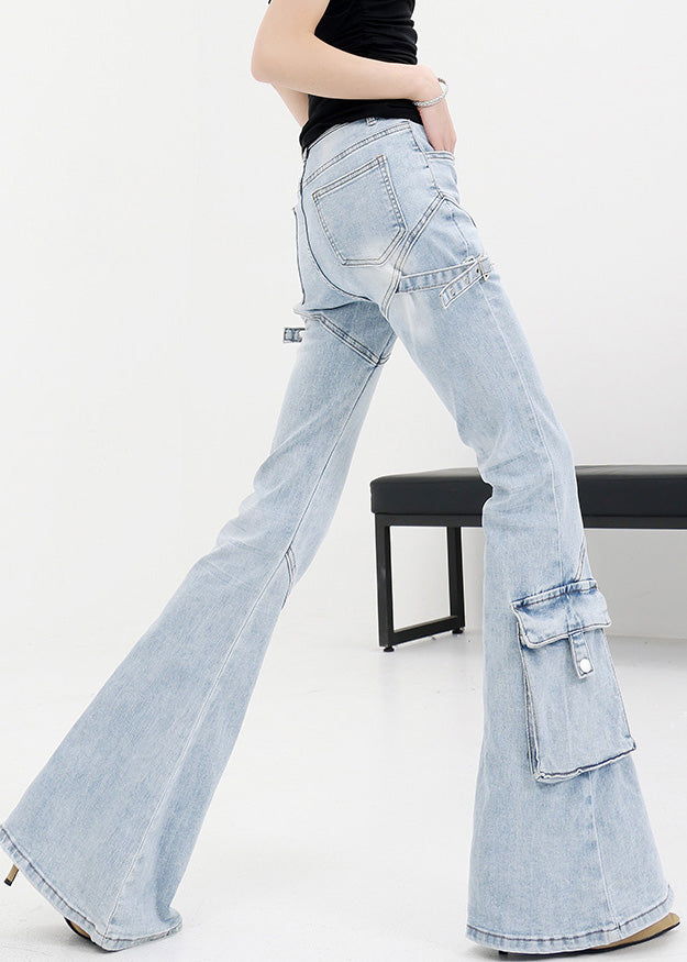 Slim Fit Blue Pockets Patchwork Denim Flared Trousers Fall