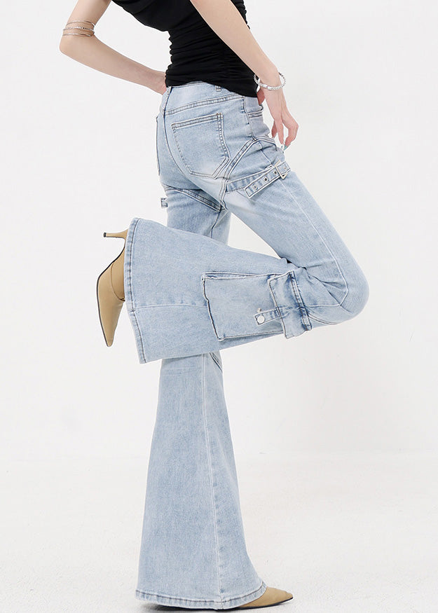 Slim Fit Blue Pockets Patchwork Denim Flared Trousers Fall