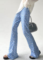 Slim Fit Blue Print Elastic Waist Cotton Flared Trousers Summer