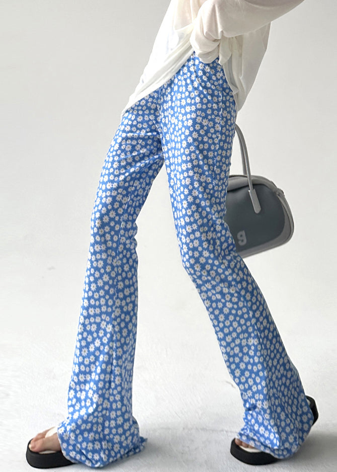 Slim Fit Blue Print Elastic Waist Cotton Flared Trousers Summer