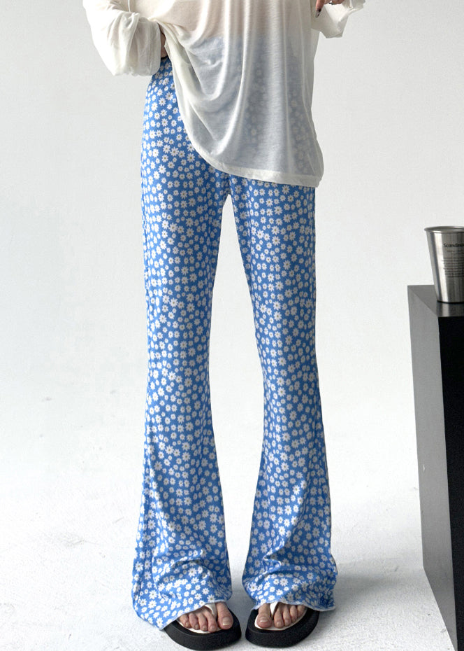 Slim Fit Blue Print Elastic Waist Cotton Flared Trousers Summer