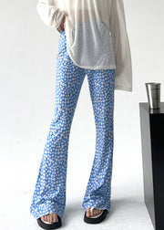 Slim Fit Blue Print Elastic Waist Cotton Flared Trousers Summer