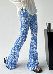 Slim Fit Blue Print Elastic Waist Cotton Flared Trousers Summer