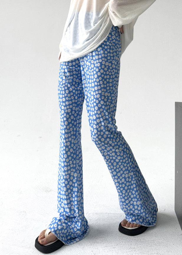 Slim Fit Blue Print Elastic Waist Cotton Flared Trousers Summer