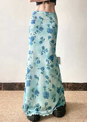 Slim Fit Blue Print High Waist Tulle Skirt Summer
