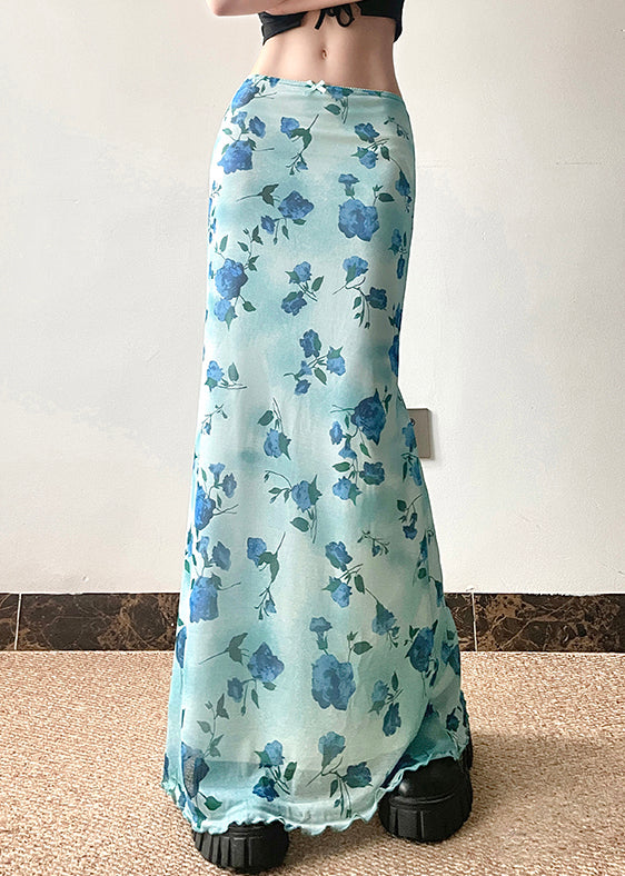 Slim Fit Blue Print High Waist Tulle Skirt Summer