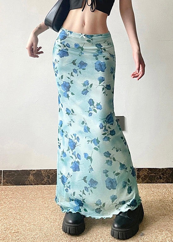 Slim Fit Blue Print High Waist Tulle Skirt Summer
