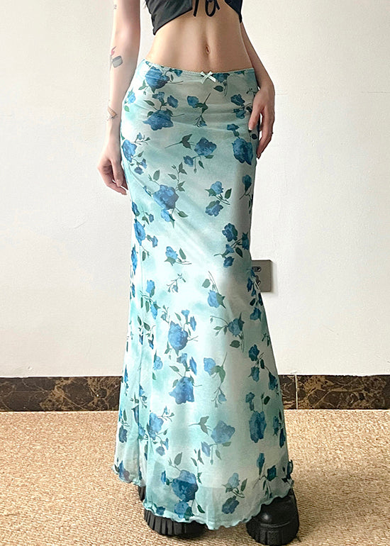 Slim Fit Blue Print High Waist Tulle Skirt Summer