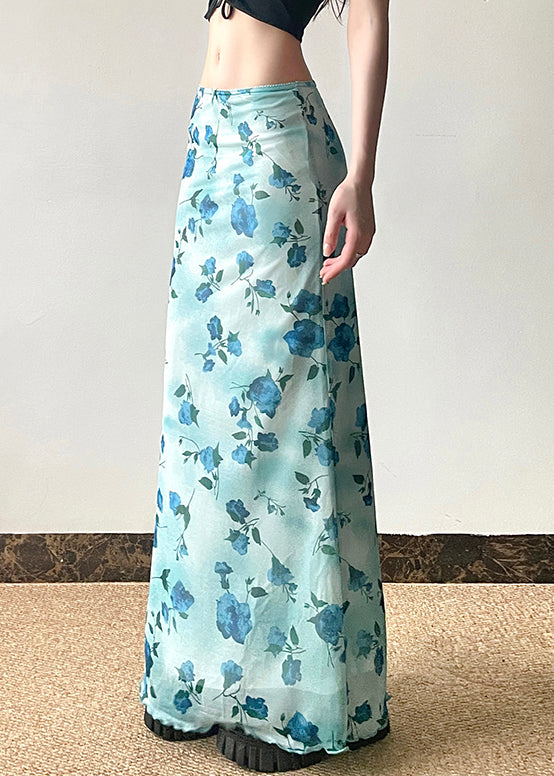 Slim Fit Blue Print High Waist Tulle Skirt Summer