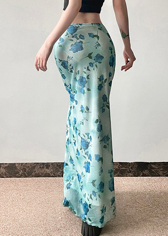 Slim Fit Blue Print High Waist Tulle Skirt Summer