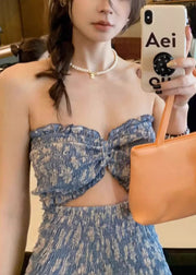 Slim Fit Blue Ruffled Print Hollow Out Cotton Spaghetti Strap Dress Summer