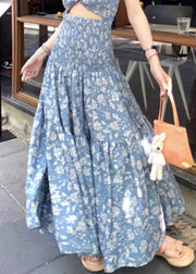 Slim Fit Blue Ruffled Print Hollow Out Cotton Spaghetti Strap Dress Summer
