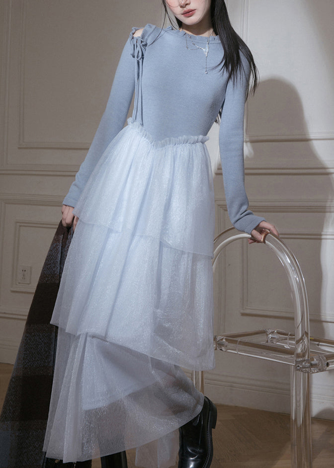 Slim Fit Blue Ruffled Up Tulle Patchwork Knit Long Dresses Fall