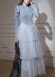 Slim Fit Blue Ruffled Up Tulle Patchwork Knit Long Dresses Fall