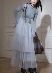Slim Fit Blue Ruffled Up Tulle Patchwork Knit Long Dresses Fall
