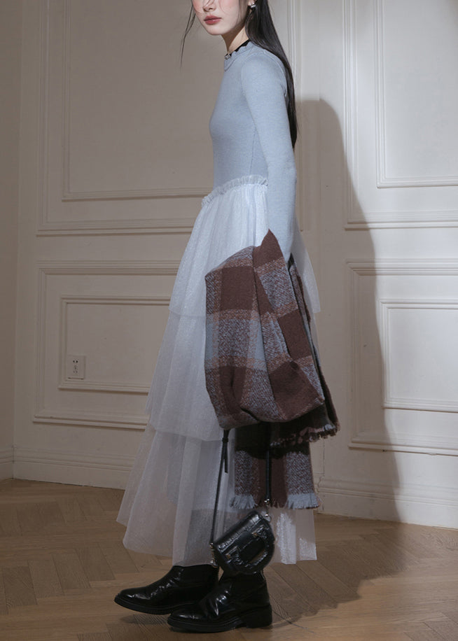 Slim Fit Blue Ruffled Up Tulle Patchwork Knit Long Dresses Fall