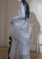 Slim Fit Blue Ruffled Up Tulle Patchwork Knit Long Dresses Fall
