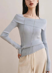 Slim Fit Blue Slash Neck Cotton Knit Sweater Fall
