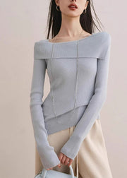 Slim Fit Blue Slash Neck Cotton Knit Sweater Fall