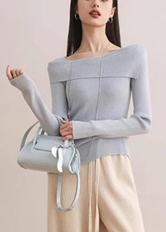 Slim Fit Blue Slash Neck Cotton Knit Sweater Fall