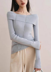 Slim Fit Blue Slash Neck Cotton Knit Sweater Fall