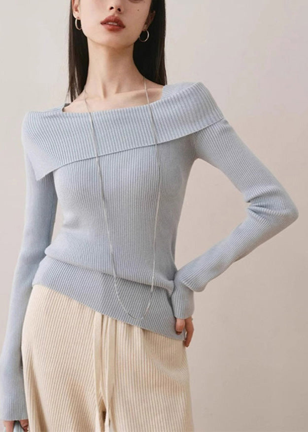 Slim Fit Blue Slash Neck Cotton Knit Sweater Fall