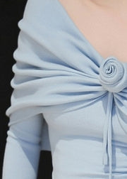 Slim Fit Blue Slash Neck Patchwork Knit Sweater Tops Fall