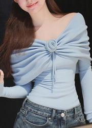 Slim Fit Blue Slash Neck Patchwork Knit Sweater Tops Fall