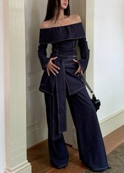Slim Fit Blue Slash Neck Tie Waist Denim Three Pieces Set Fall