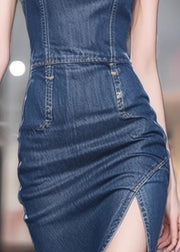 Slim Fit Blue Stand Collar Front Open Denim Dresses Sleeveless