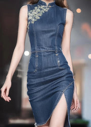Slim Fit Blue Stand Collar Front Open Denim Dresses Sleeveless