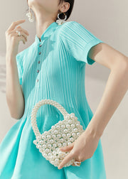 Slim Fit Blue Stand Collar Knit Patchwork Holiday Mid Dress Short Sleeve