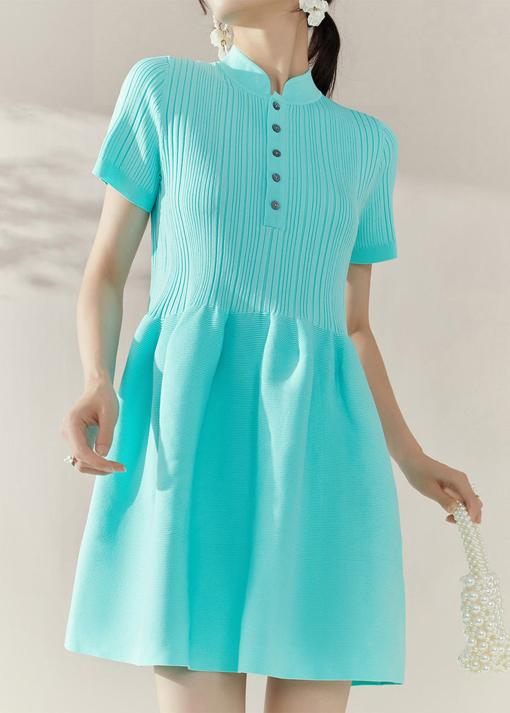 Slim Fit Blue Stand Collar Knit Patchwork Holiday Mid Dress Short Sleeve